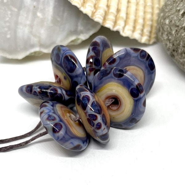 Lampwork Glass Bead set of 7 Blue Purple  Disk Beads- InspireGlassStudio