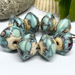 Lampwork Beads, Rustic set of 8 Etched Copper green, speckled Handmade Beads with Silver Foil