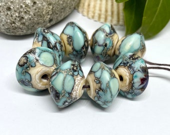 Lampwork Beads, Rustic set of 8 Etched Copper green, speckled Handmade Beads with Silver Foil