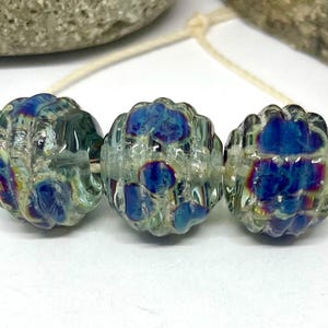 Glass Lampwork Bead set of 3 light Aqua and Blue/ Purple Speckled Beads-Ribbed Round Beads- Inspire Glass Studio