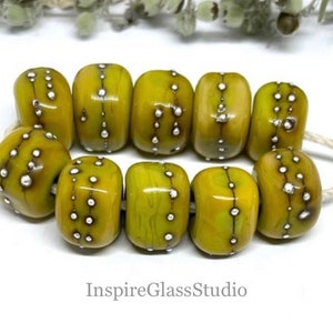 Glass Lampwork Bead set of 10 Nugget Green Beads with Fine Silver Accents