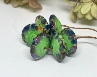 Glass Lampwork Bicone Disk Beads, set of 6 Glossy, Speckled Beads, Fine Silver Foil