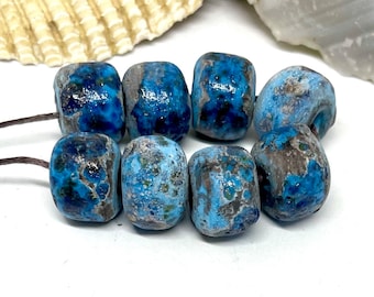 Rustic Turquoise Blue Etched Glass Beads: Handmade Lampwork Set