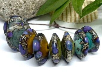 Lampwork Glass Rustic set of 8 mixed greens, speckled Handmade Disk Bicone Beads, with silver foil- Inspire Glass Studio