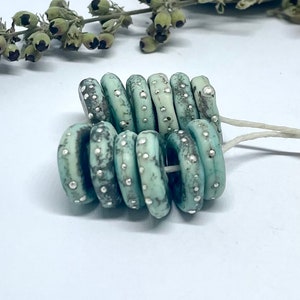 Lampwork Glass Bead set of 12 Green Copper Rustic Etched Disk Beads with Pure Silver