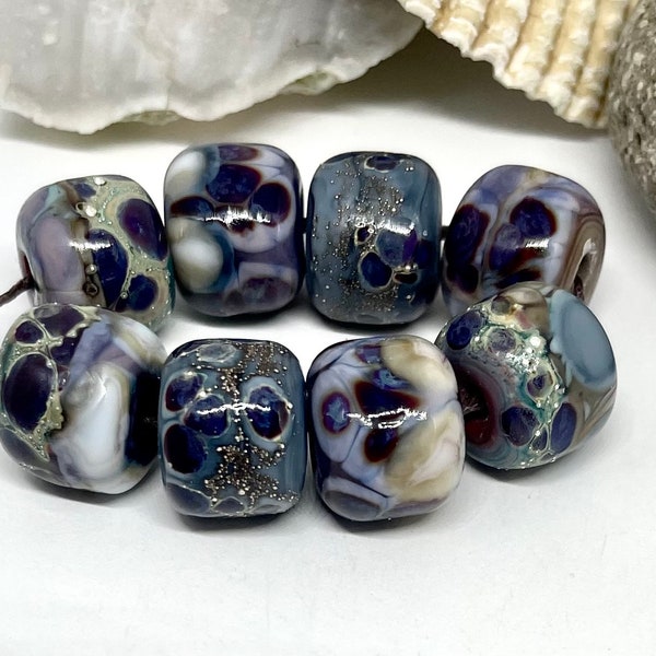 RESERVED for Lynn Glass Bead set of 8 Blue Purple Beads with hints of Fine Silver- InspireGlassStudio