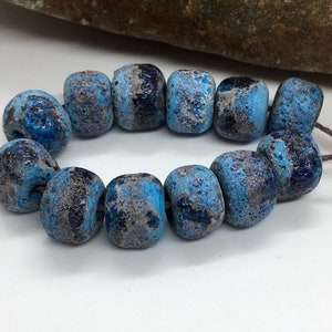 Lampwork Glass Bead set of 12 Stone Rustic Turquoise Blue Etched Stone Finish Beads