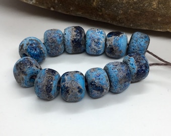 Lampwork Glass Bead set of 12 Stone Rustic Turquoise Blue Etched Stone Finish Beads