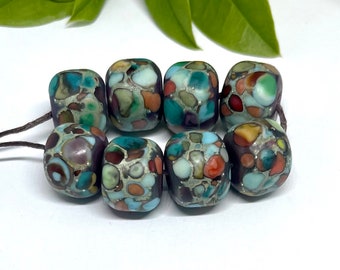 Glass Lampwork Beads 8 Etched multi colored Speckled Beads Fine Silver Foil - Inspire Glass Studio