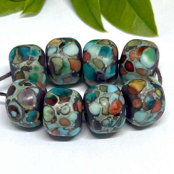 Glass Lampwork Beads 8 Etched multi colored Speckled Beads Fine Silver Foil - Inspire Glass Studio