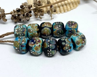 Lampwork Bead set of 10 Handmade Rustic Turquoise Blue, Black, Raku with Fine Silver, Etched Finish