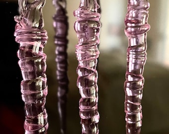 Holiday Icicles, Three Pink Glass Handmade Christmas Ornaments, Handmade Gift, Blown Glass, Gift for Her, 6" pink icicles