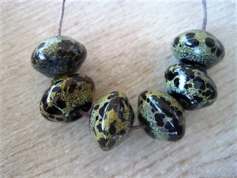 Lampwork Rustic 6 Black Glossy Raku Bicone Beads
