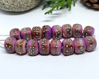 Glass Lampwork Bead set of 16 Pretty Little pinkish purple Handmade Beads with Silver accents