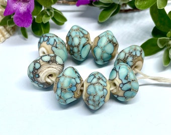 Lampwork Rustic set of 8 Etched Ivory green speckled Handmade Beads with Silver Foil