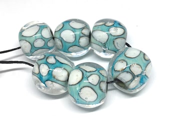 Lampwork Glass Set of 6 Ivory Green  Encased Dotted Glass Beads