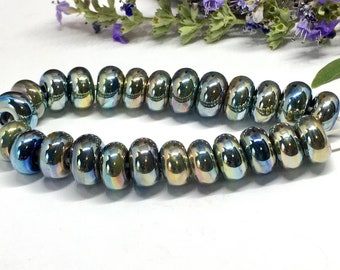 Cuentas de vidrio para lampwork, metalizado brillante, plateado, azul iridiscente, 4-5 mm x 8-10 mm (juego de 12 o 24)