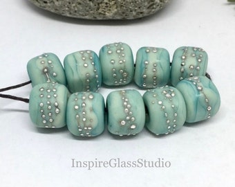 Glass Lampwork Bead set of 10 Turquoise Green Copper with Fine Silver wire