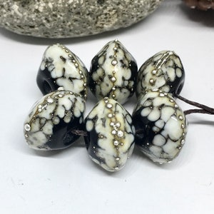 Lampwork Bicone Beads Glossy 6 Black Ivory Speckled Beads Fine Silver Foil and wire