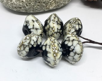 Lampwork Bicone Beads Glossy 6 Black Ivory Speckled Beads Fine Silver Foil and wire