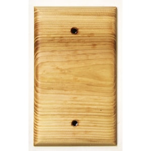 May include: A rectangular light brown wooden wall plate cover featuring a natural wood grain pattern. The plate has a smooth, beveled edge design and includes two circular screw holes positioned vertically at the top and bottom center.