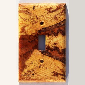 Può includere: Una placca rettangolare per interruttore della luce con un motivo a venature del legno naturale. La placca presenta un'apertura per un interruttore e due fori per le viti. La venatura del legno ha toni marrone chiaro, marrone e rossiccio.