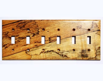 Spalted Maple Sexgängig Vippströmbrytare Platta: Art Nouveau Trä Väggplatta