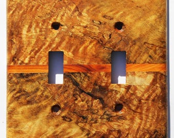 Figured Maple Double Toggle Switch Plate: Cherry Accent, Natural Wood