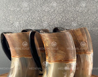 Set of 4 Handcrafted Viking Horn Mug (Polished) - Multiple Engraving & Size Options - Norse-Style Beer Tankard - Gifts for Him