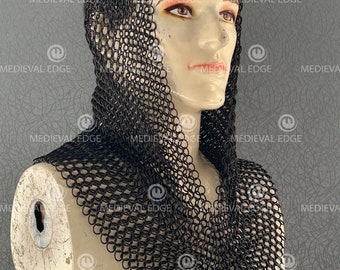 Chainmail Coif Medieval Knight Renaissance Armor Chain Mail Hood Viking LARP 16 Gauge Black