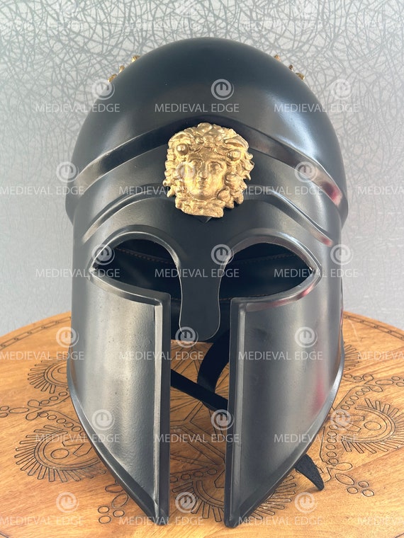 Casque Corinthien Spartan En Cuivre – Réplique Médiévale Avec Support En Bois, Parfait Pour Halloween Et Déco !