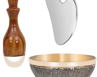 Natural Kansa Vatki Bowl & Kansa Wand Set Pack 3 Ayurveda Gua Sha Massager for Detoxification And Deep Relaxation.