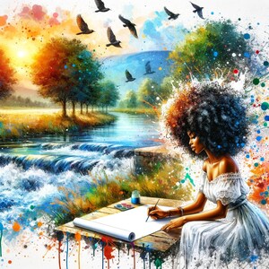 May include: A woman with long, curly hair sits by a stream, painting on a blank canvas. The scene is colorful and whimsical, with splashes of paint and birds flying overhead.