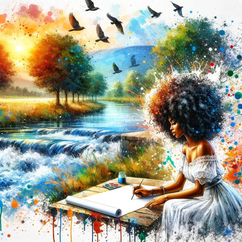 May include: A woman with long, curly hair sits by a stream, painting on a blank canvas. The scene is colorful and whimsical, with splashes of paint and birds flying overhead.
