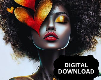Självkärlek | Digitala tryck | AI-konst | Ladda ner porträtt av svart kvinna | Väggkonst | Modern väggdekor | Afroamerikan | Unik gåva