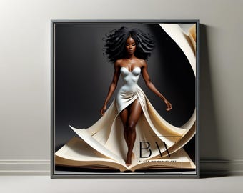 May include: A black and white photo of a woman in a white dress standing on a large open book. The book is surrounded by pages that are flowing in the air. The woman's hair is styled in a large afro. The text "BW BLACK WOMAN AT ART" is at the bottom of the image.
