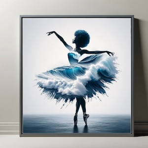 Aqua Ballerina, Digital Prints, AI Art, Download, Black Woman Portrait, Wall Art, Modern Wall Decor, African American, GPT4