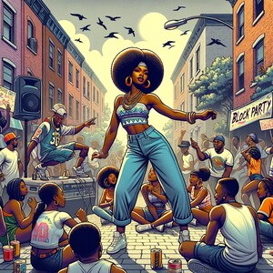 May include: A colorful illustration of a block party with people dancing and listening to music. A woman with an afro is wearing a blue denim jumpsuit and a white top with a geometric pattern. The scene is set in a city street with buildings and trees in the background. The text "Block Party" is visible on a sign.