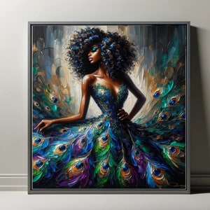 Peacocked, Digital Prints, AI Art, Download, Black Woman Portrait, Wall Art, Modern Wall Decor, African American, GPT4