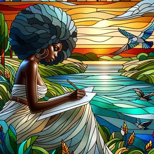 May include: A woman with blue hair sits by a river, sketching on a piece of paper. The scene is rendered in a stained glass style, with vibrant colors and intricate details.