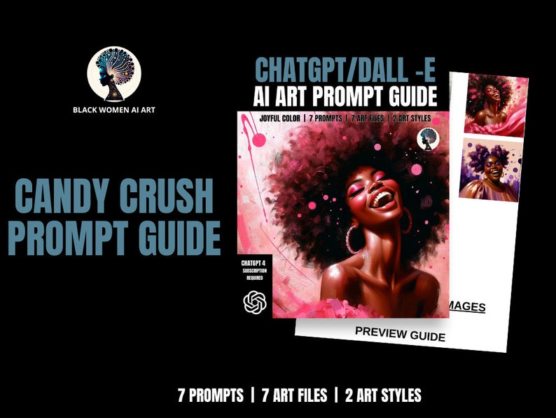 May include: A digital guide for creating AI art using ChatGPT and Dall-E. The guide features a vibrant pink and black illustration of a woman with an afro, smiling and wearing large hoop earrings. The text "CANDY CRUSH PROMPT GUIDE" is displayed in a blue box at the top of the image. The text "CHATGPT/DALL-E AI ART PROMPT GUIDE" is displayed in a white box at the top of the image. The text "7 PROMPTS | 7 ART FILES | 2 ART STYLES" is displayed at the bottom of the image.