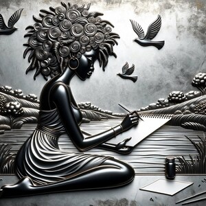 May include: A black metal sculpture of a woman with curly hair, sitting and drawing on a notebook. The sculpture is set against a silver background with a landscape scene.