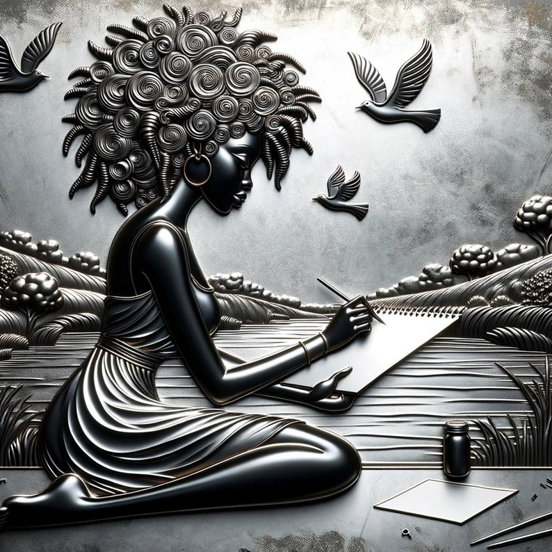 May include: A black metal sculpture of a woman with curly hair, sitting and drawing on a notebook. The sculpture is set against a silver background with a landscape scene.