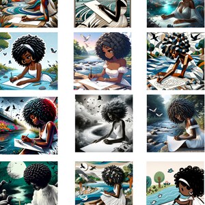May include: A collection of nine digital illustrations featuring a Black woman drawing on a piece of paper. Each illustration has a different background, including a cityscape, a forest, and a starry night. The woman is wearing a white dress in each illustration. The illustrations are in a cartoon style.