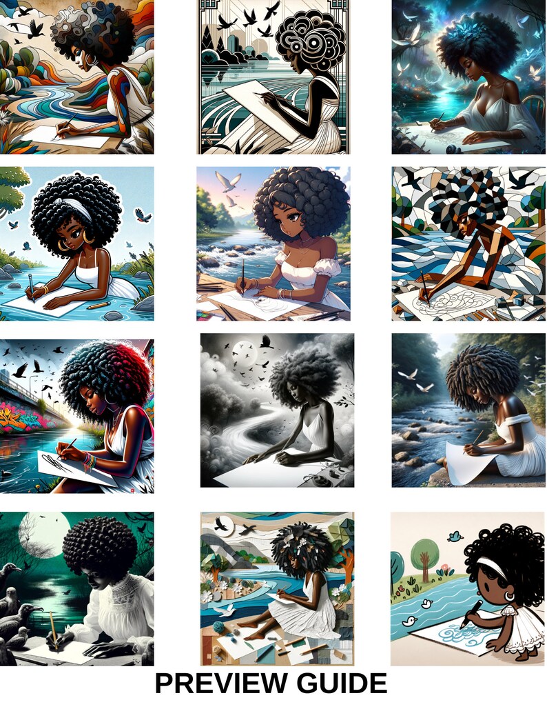 May include: A collection of nine digital illustrations featuring a Black woman drawing on a piece of paper. Each illustration has a different background, including a cityscape, a forest, and a starry night. The woman is wearing a white dress in each illustration. The illustrations are in a cartoon style.