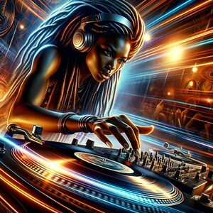 May include: A woman with long dreadlocks wears headphones and mixes music on a DJ turntable. The turntable is lit with bright blue and orange lights.