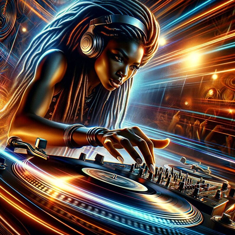 May include: A woman with long dreadlocks wears headphones and mixes music on a DJ turntable. The turntable is lit with bright blue and orange lights.