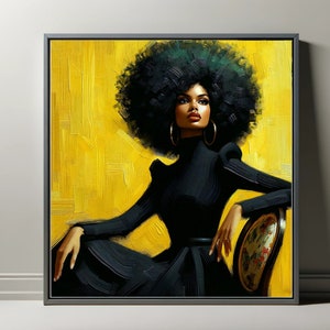 Black & Yellow, Digital Prints, AI Art, Download, Black Woman Portrait, Wall Art, Modern Wall Decor, African American, GPT4