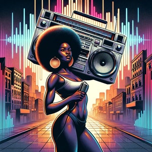 May include: A woman with an afro wearing a white tank top and black shorts holds a vintage boombox over her shoulder. The boombox is silver and black with a large speaker. The background is a city street with neon lights.