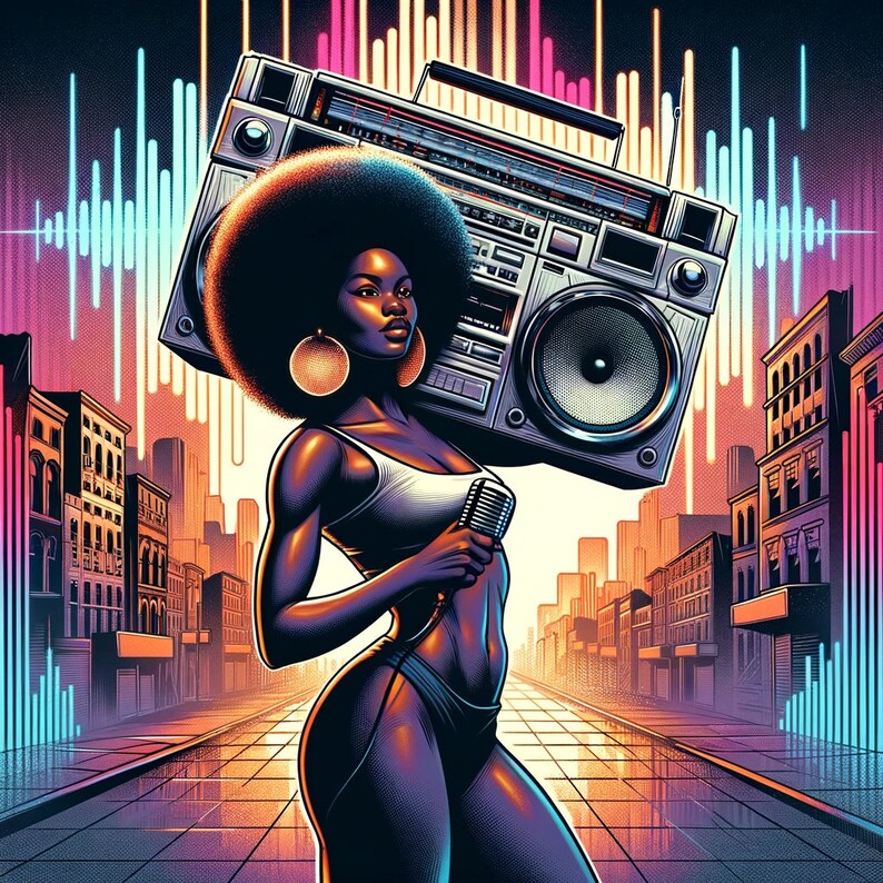 May include: A woman with an afro wearing a white tank top and black shorts holds a vintage boombox over her shoulder. The boombox is silver and black with a large speaker. The background is a city street with neon lights.